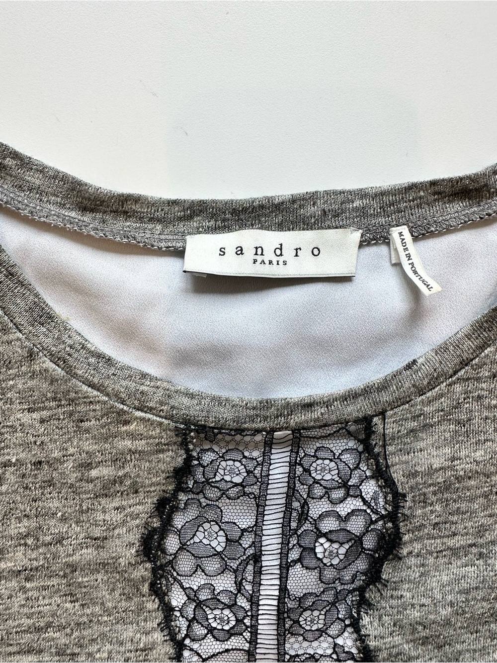SANDRO Paris Lace Trim Mixed Media Top Gray White Silk Blouse Small